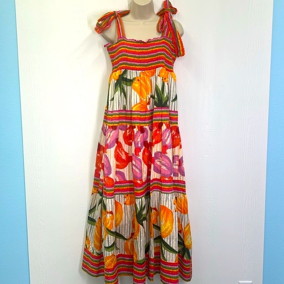 House Of Harlow 1960 - Tropical Fruit Colorful Stripes And Design Maxi Dress LG - Picture 2 of 12